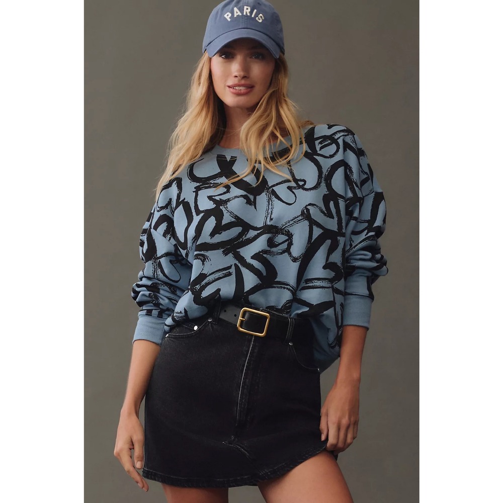 Maeve Anthropologie Blue Black Heart Printed Sweatshirt XL Relaxed Crewneck